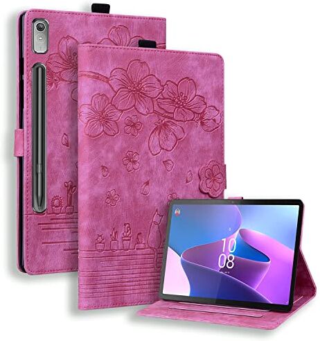 Oaxrui Custodia a libro in pelle per Lenovo Tab P12 da 12,7 pollici, motivo: gatto con fiori di ciliegio, colore: rosa