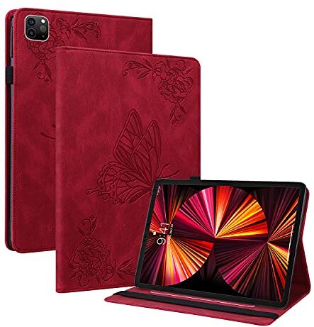 Nothers DodoBuy Custodia per iPad PRO 11" 2021/2020/2018/iPad Air 4 10.9", retrò Modello Farfalla Fiore Flip Smart Cover in Pelle PU Copertura Wallet Case Borsa Supporto Banda Elastica Rosso