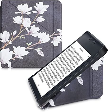 kwmobile Custodia leggìo Compatibile con Kobo Libra 2 Custodia in Pelle Sintetica con Chiusura Magnetica Case con Funzione appoggio Magnolie Marrone Grigio/Bianco/Grigio Scuro