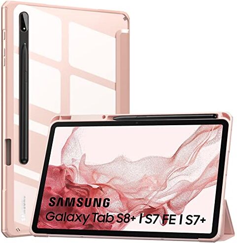 MoKo Custodia Compatibile con Samsung Galaxy S8+ 2022(SM-X800/SM-X806)/S7 Fe 2021/S7 Plus 2020 da 12,4 Pollici con Portapenna, Cover in TPU + Retro in Policarbonato, Auto Sveglia/Sonno, Oro Rosa