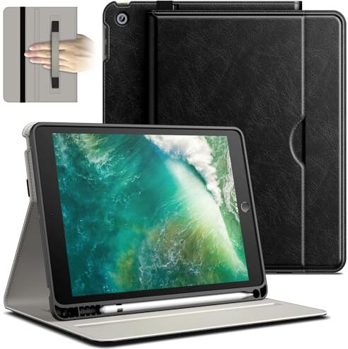 JETech Custodia per iPad 6/5 (9,7 Pollici, Modello 2018/2017, 6a/5a Gen), PU Pelle Affari Folio Protettiva Cover Tablet con Portapenne & Tasca, Multi-Angolo Visualizzazione (Nero)