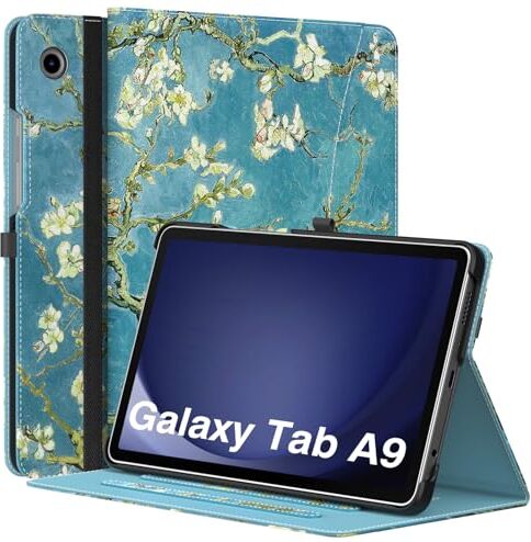 MoKo Custodia per Samsung Galaxy Tab A9 8,7 Pollici 2023 (SM-X110/SM-X115/SM-X117), Custodia in Pelle PU per Visualizzazione Multiangolo con Cinghia da Mano, Tasca Frontale, Albicocchi in Fiore