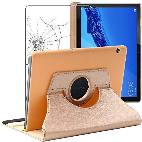 ebestStar Cover per Huawei MediaPad T5 10.1, Custodia Protezione Rotazione 360, Pelle PU, Dorato + Vetro Temperato