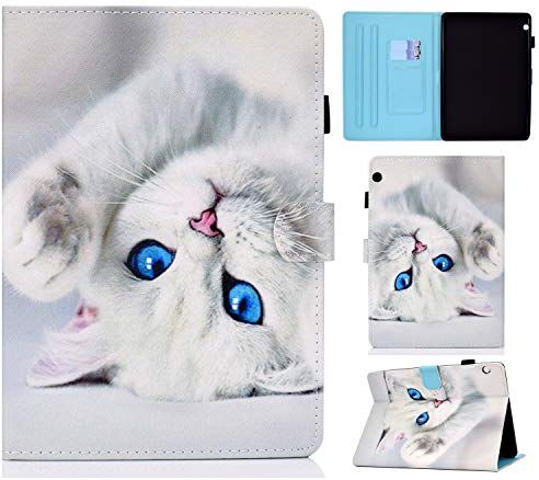 Lspcase Custodia Huawei Mediapad T3 Cover a Portafoglio in Pelle PU Flip Stand Funzione Porta Carte di Credito e ID Slot Custodia Tablet Cover pour Huawei Mediapad T3 10 9.6 Pollice Gatto Bianco