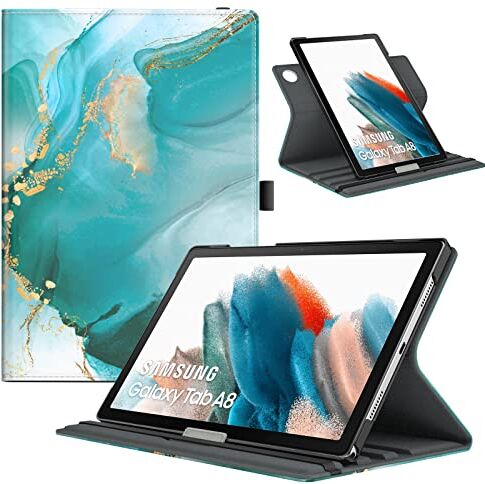 TiMOVO Custodia Protettiva Compatibile con Samsung Galaxy Tab A8 10,5" 2021 2022(SM-X200 / SM-X205), Cover a Rotazione 90 Gradi per Tablet, Funzione di Auto Sveglia e Sonno, Blu Pavone Setoso