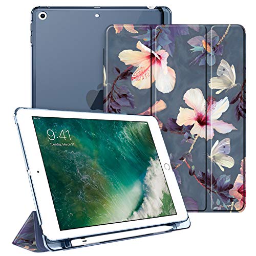 FINTIE Custodia con Pencil Holder per iPad 9.7'' 2018 2017 Sottile Leggero Semi-Trasparente Cover con Auto Sveglia/Sonno Funzione per iPad 9,7 Pollici 2018 2017, Blooming Hibiscus