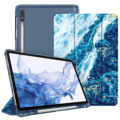 FINTIE Custodia per Samsung Galaxy Tab S8 11'' 2022 SM-X700/X706 / Tab S7 11'' 2020 SM-T870/T875 con S Pen Holder, Sottile Leggero Case Posteriore Trasparente Cover con Auto Sveglia/Sonno, Oceano Blu