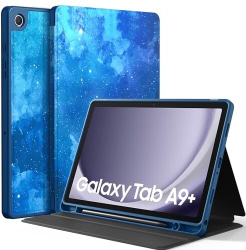 EasyAcc Custodia per Samsung Galaxy Tab A9+ / A9 Plus 11 Pollici 2023 SM-X210/ X215/ X216 con Pen Holder, Sottile Folio Stand Protettiva Tablet Cover, Multi-Angolo Visualizzazione, Motivo a stella blu