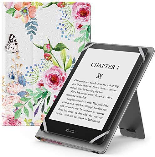 MoKo Custodia Cover Universale Compatibile con E-Lettore Kindle/Kobo/Voyaga/Lenovo/Sony/Tolino da 6", 6,8" e 7", in Pelle PU con Chiusura di Elastico, Doppio Supporto e Manico, Fiori Fragranti