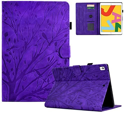 Rosbtib Custodia per iPad 10,2 Pollici Modello 2021/2020/2019 (9a/8a/7a Generazione) PU Pelle Flip Cover con Magnetica Slot per schede Cover iPad 10,2", Albero degli uccelli viola