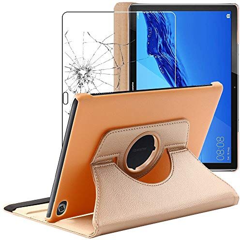 ebestStar Cover per Huawei MediaPad M5 Lite 10.1, Custodia Protezione Rotazione 360, Pelle PU, Dorato + Vetro Temperato