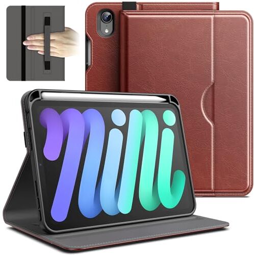 JETech Custodia per iPad Mini 6 (8,3 Pollici, Modello 2021, 6a Generazione), PU Pelle Affari Folio Protettiva Cover Tablet con Portapenne & Tasca, Multi-Angolo Visualizzazione (Marrone)