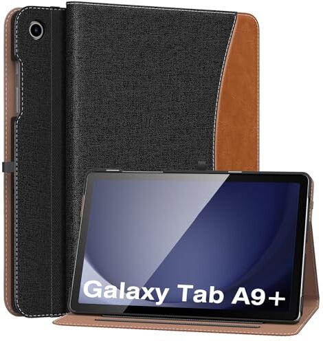 MoKo Custodia per Samsung Galaxy Tab A9 Plus 11 Pollici 2023 SM-X210/SM-X216/SM-X218, Multi-Angolo Custodia Galaxy Tab A9 con Cinghia da Mano Tasca Frontale Auto Sveglia/Sonno, Denim Nero & Marrone