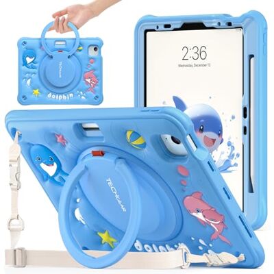 TECHGEAR BubblyToons Custodia per bambini per Apple iPad Air 11" (M3 2025/M2 2024), Air 11", 4a e 5a, iPad Pro 11" (2018-2022), custodia morbida e robusta con supporto per mano ad anello, delfino TECHGEAR BubblyToons Custodia per bambini per Apple iPad Air 11" (M3 2025/M2 2024), Air 11", 4a e 5a, iPad Pro 11" (2018-2022), custodia morbida e robusta con supporto per mano ad anello, delfino