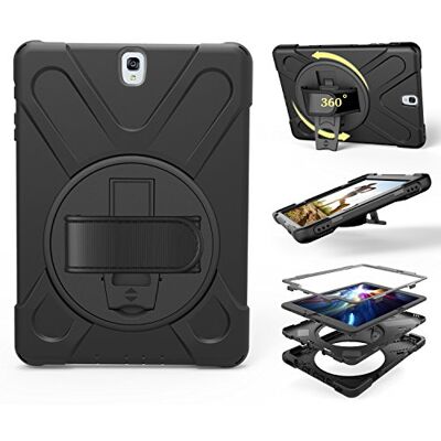 ZiHang Custodia Galaxy Tab S3 9.7, Ibrida Antiurto Tre-Strati Cover Silicone + PC Protettiva Case con Supporto Girevole 360°, Cinturino a Mano per Samsung Galaxy Tab S3 9.7 T820 T825 (Nero) ZiHang Custodia Galaxy Tab S3 9.7, Ibrida Antiurto Tre-Strati Cover Silicone + PC Protettiva Case con Supporto Girevole 360°, Cinturino a Mano per Samsung Galaxy Tab S3 9.7 T820 T825 (Nero)