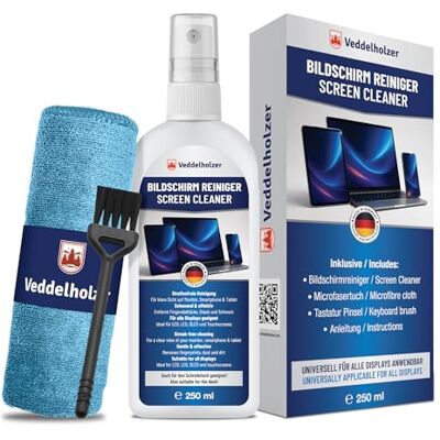 Veddelholzer Set di pulizia dello schermo da 250 ml, detergente per display con panno in microfibra e pennello per tastiera, per laptop, monitor, TV, smartphone, display auto, pulizia senza strisce Veddelholzer Set di pulizia dello schermo da 250 ml, detergente per display con panno in microfibra e pennello per tastiera, per laptop, monitor, TV, smartphone, display auto, pulizia senza strisce