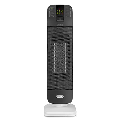 DeLonghi Termoventilatore a Torre, Tecnologia Ceramica, Silenzioso, 2 Livelli di Potenza, TIMER 24H, Funzione Eco-Energy, Luce, Anti-ribaltamento, Leggero, Bianco/Grigio