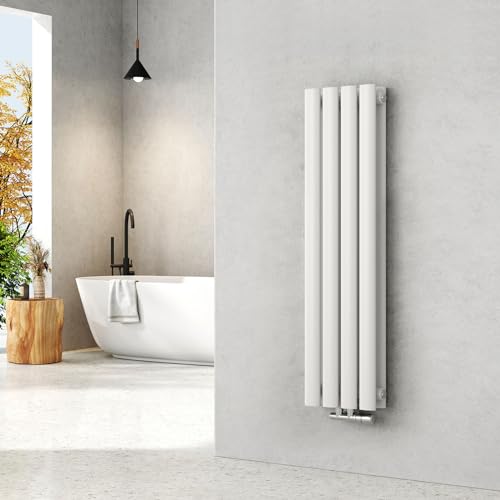 EMKE Radiatore piccolo 900 x 240 mm, ovale a pannello, attacco centrale, verticale, design, radiatore tubolare, doppio strato, bianco, 373 Watt