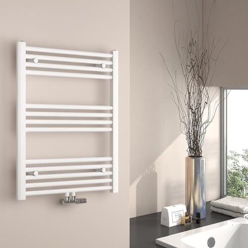 EMKE Scaldasalviette da bagno, 600 x 750 mm, con attacco centrale, scaldasalviette per acqua, attacco centrale, bianco, 337 Watt