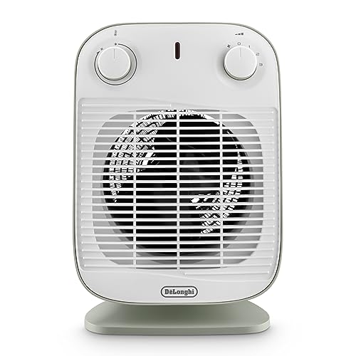 DeLonghi Termoventilatore, Silenzioso e leggero, 3 livelli di potenza, ventilazione estiva, protezione antigoccia, maniglia, dispositivo di sicurezza, luce, protezione antigelo, Salvia