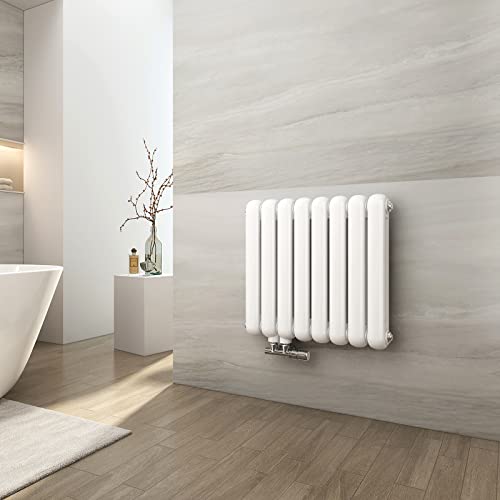 EMKE Radiatore orizzontale ovale, 550 x 580 mm, bianco, design radiatore a doppio strato, piccolo riscaldamento laterale per acqua calda