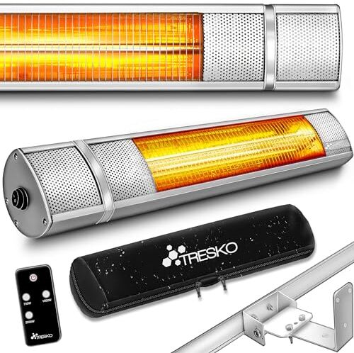 TRESKO Stufa a Infrarossi 2000W con Telecomando   Riscaldatore Elettrico Patio con 3 Livelli di Calore   Riscaldatore Patio Interno & Esterno   Riscaldatore a Parete Riscaldatore al Quarzo (Argento)