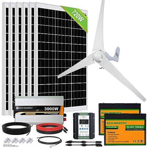 ECO-WORTHY 4,6 kW/Giorno Kit Eolico Solare 1160W 12V: Generatore Turbina Eolica 400W + 6 Pannelli Solari 120 W + Inverter da 3000W 24V + 2 Batterie LiFePO4 100AH per Sistema Indipendente Dalla Rete