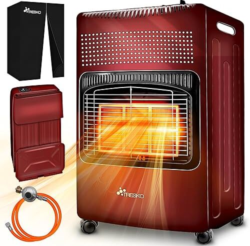 TRESKO Stufa a Gas da 4200 Watt, Riscaldamento con regolatore di pressione del gas, tubo + copertura, riscaldatore con 3 livelli (rosso)