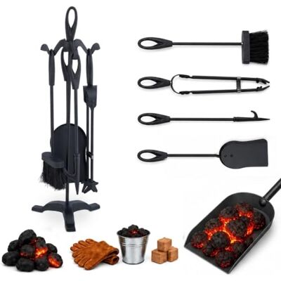 Relaxdays Set 5 Attrezzi da Camino o Stufa, Attizzatoio, Pala, Scopino, Pinza e Supporto Utensili Caminetto, Ferro, Nero Relaxdays Set 5 Attrezzi da Camino o Stufa, Attizzatoio, Pala, Scopino, Pinza e Supporto Utensili Caminetto, Ferro, Nero