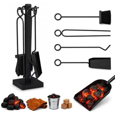 Relaxdays Set da 5 Attrezzi da Camino o Stufa, Attizzatoio, Pala, Scopino, Pinza e Supporto Porta Utensili, Ferro, Nero Relaxdays Set da 5 Attrezzi da Camino o Stufa, Attizzatoio, Pala, Scopino, Pinza e Supporto Porta Utensili, Ferro, Nero