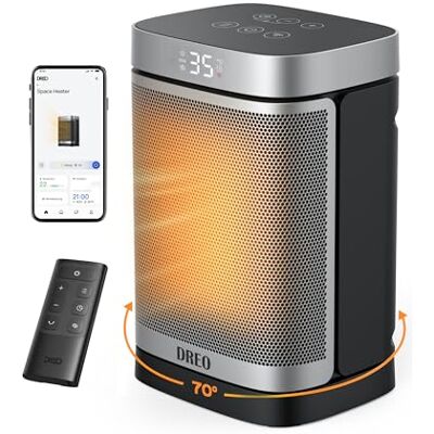 DREO Riscaldatore intelligente per spazio, Riscaldatore elettrico in ceramica PTC oscillante a 70° con termostato, Telecomando, 3 modalità 3 velocità, Modalità ECO per risparmio energetico DREO Riscaldatore intelligente per spazio, Riscaldatore elettrico in ceramica PTC oscillante a 70° con termostato, Telecomando, 3 modalità 3 velocità, Modalità ECO per risparmio energetico