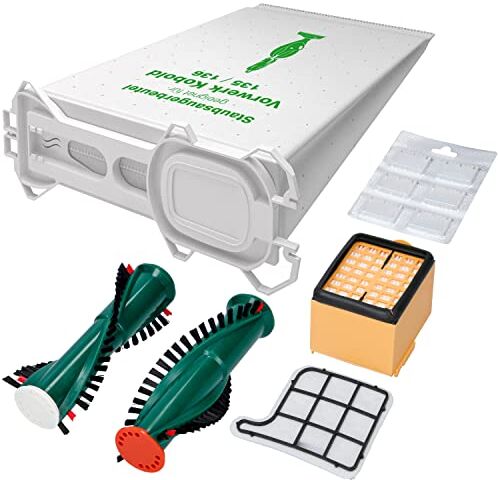 McFilter Set di accessori 17 pezzi adatto per Vorwerk Folletto 135, 136, 135SC, 12 sacchetti per aspirapolvere, 2 spazzole per EB 350, 1 filtro HEPA e 1 filtro motore