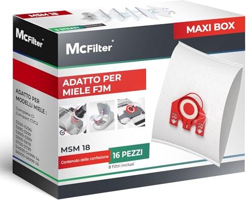 McFilter 16 sacchetti per la polvere adatti per aspirapolvere Miele serie FJM S2 S3 S4 S5 S6 S7, Complete C1, Compact C1/C2   incl. 8 filtri con sigillo automatico per la polvere   MAXI BOX