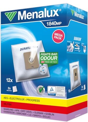 Menalux 1840 MP Mega Pack, 12 sacchetti Duraflow Sintetico, 2 filtri motore, compatibile anche con per aspirapolvere AEG, Dirt Devil, Hanseatic, Privileg, Samsung