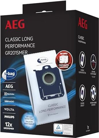 AEG GR210SMER Megapack Sacchetti per aspirapolvere, s-Bag Classic Long Performance (12 sacchetti per la polvere, 4 rose, filtrazione e aspirazione ottimali, chiusura igienica, bianco)