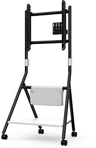 FITUEYES DESIGN Supporto TV da Pavimento per Schermi 46 50 55 60 65 Pollici con Ruote, Carrello Moderno Mobile TV ad Angolo con Ripiani in Legno, Serie COLLECTOR