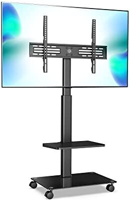 FITUEYES Carrello Porta TV con Ruote per 32-60 Pollici, 70° Girevole e 8 Altezza Regolabile Supporto TV da Pavimento con Ripiano, Mobile Porta TV da Terra Max VESA 600x400mm 30kg