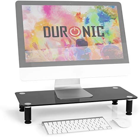 Duronic Supporto per monitor    Supporto per laptop e schermo per desktop   Vetro temperato nero   Supporto per TV o monitor PC   Mensola ergonomica da scrivania da ufficio   Capacità 20 kg