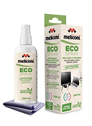Meliconi Eco Spray detergente per la Pulizia di Lenti e schermi di PC, Tablet, E-Book, Smartphone, TV, specchi e vetri. Panno in Microfibra Incluso, Bianco, 200ml