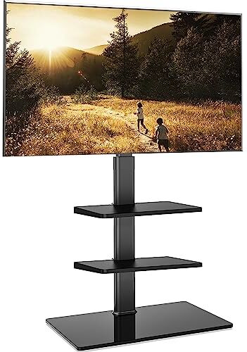 FITUEYES Supporto TV da Pavimento per 32-55 60 Pollici, 70° Girevole e 8 Altezza Mobili Porta TV da Terra con Base in 8mm Vetro, Max VESA 600x400mm 30kg