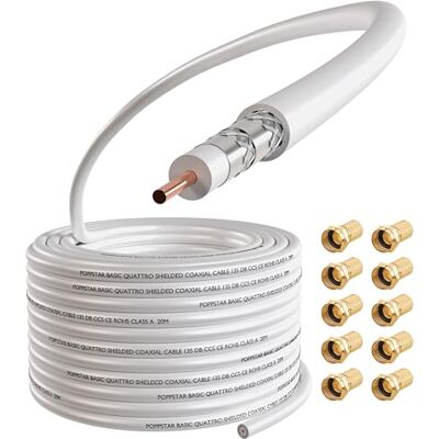 POPPSTAR Cavo coassiale da 30m (RG6, diametro 7,3 mm, guaina in PVC bianco, conduttore interno), con connettori F POPPSTAR Cavo coassiale da 30m (RG6, diametro 7,3 mm, guaina in PVC bianco, conduttore interno), con connettori F