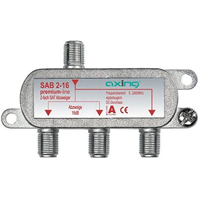 Axing SAB 2-16 Derivatore satellitare e tv digitale terrestre 2 uscite derivate con attenuazione 16 dB (5-2200 MHz) con passagio DC Axing SAB 2-16 Derivatore satellitare e tv digitale terrestre 2 uscite derivate con attenuazione 16 dB (5-2200 MHz) con passagio DC