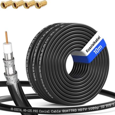 HB-Digital Cavo coassiale SAT da 10 m, 135 dB, 8 K, 4 K, UHD a 4 strati, schermato, per impianti DVB-S / S2 DVB-C / C2 DVB-T / T2 DAB+ + + con 10 connettori F dorati BK – Conduttore interno in acciaio HB-Digital Cavo coassiale SAT da 10 m, 135 dB, 8 K, 4 K, UHD a 4 strati, schermato, per impianti DVB-S / S2 DVB-C / C2 DVB-T / T2 DAB+ + + con 10 connettori F dorati BK – Conduttore interno in acciaio
