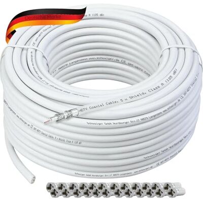 SCHWAIGER 9598 Cavo coassiale 50 m, 135 dB, cavo antenna satellitare, 75 ohm, schermato, resistente all'umidità, 8,2 mm, diametro cavo bianco, con spina F SCHWAIGER 9598 Cavo coassiale 50 m, 135 dB, cavo antenna satellitare, 75 ohm, schermato, resistente all'umidità, 8,2 mm, diametro cavo bianco, con spina F