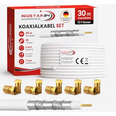 RedStar24 Cavo Coassiale SAT 30m 135dB Digitale Classe A+ Schermatura a 5 Strati per Ultra HD 4K DVB-S/S2, DVB-C/C2, DVB-T Cavo Antenna Coassiale 10 Connettori F Bianco 30 Metri RedStar24 Cavo Coassiale SAT 30m 135dB Digitale Classe A+ Schermatura a 5 Strati per Ultra HD 4K DVB-S/S2, DVB-C/C2, DVB-T Cavo Antenna Coassiale 10 Connettori F Bianco 30 Metri
