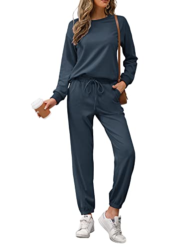 REORIA Donna Manica Lunga Girocollo Tinta unita Due Pezzi Outfit Felpa Jogger Tuta Set Felpa e Pantaloni Della Tuta Blu Navy L