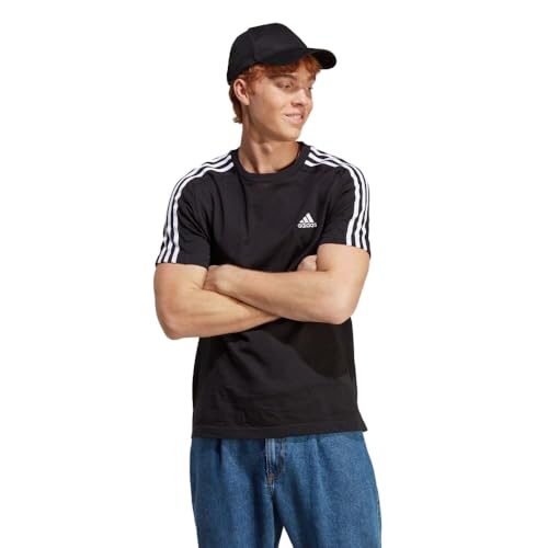 Adidas Essentials Single Jersey 3-Stripes T-Shirt, Maglietta a Maniche Corte Uomo, Black/White, XS