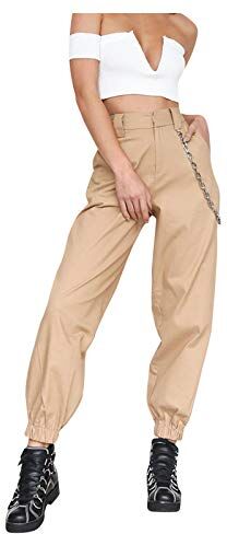 KEERADS Pantaloni Lavoro Fit Sport Sciolto Donna Casual Small-Legged Halon Pants (Chain) pantaloni monocromatici Leggings Corti Nero (C-Khaki, S)