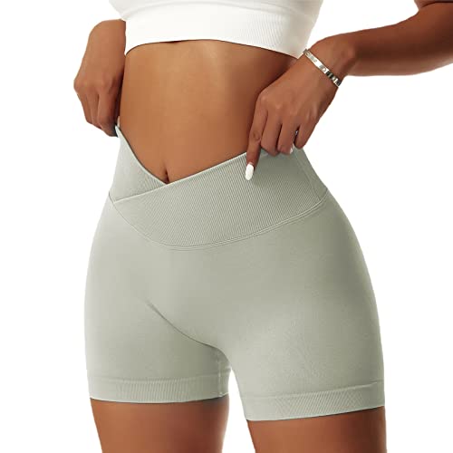 NIBESSER Pantaloncini Donna Sportivi Push Up Leggins Corti Donna a Vita Alta Incrociata Shorts Donna Sportivi Senza Cuciture Aderenti Elasticizzati per Palestra Fitness Corsa Yoga, Verde, M