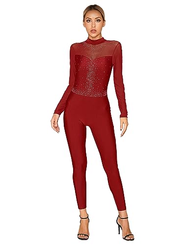 YiZYiF Donna Balletto Body da Danza Tuta Intera Ginnastica Artistica Strass Bodysuit Pattinaggio Catsuit Manica Lunga Jumpsuit Leotard Dancewear Borgogna S